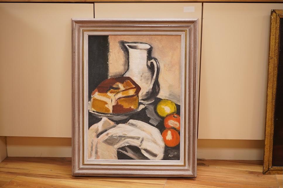 Impressionist, oil on board, Still life of fruit and vessels, initialled A.U, 59 x 42cm